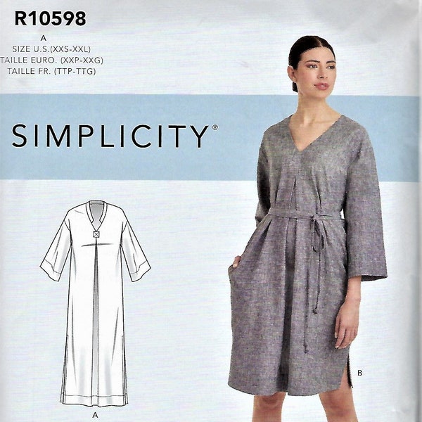 SIMPLICITY R10598/9139~  Misses’  Relaxed V-Neck Dresses~Misses' relaxed v-neck kaftan, tunic & dress with self belt. Xsm-Xxlg(4-26) ~New