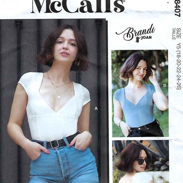 McCall's Brandi Joan Pattern #M8407 Misses' Faux Corset Style Knit Bodysuit and Top~Misses Sz 8-16 or 18-26~Uncut F Fold