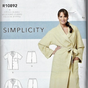 May include: Simplicity sewing pattern R10892 for loungewear, including a long robe with a shawl collar and tie belt, short-sleeve and long-sleeve button-up shirts with pockets, and both short and long pants, available in sizes S-XXXL.