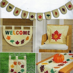 May include: Simplicity S9366 sewing pattern for autumn-themed home decor. Includes instructions for a leaf-patterned bunting, a semi-circular welcome wall hanging, a square pillow with a large leaf applique, a garden flag, and a table runner.