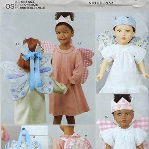 May include: A Simplicity sewing pattern envelope R11752 by Laura Ashley featuring instructions for children's and doll costumes. The cover displays images of fairy wings, crowns, a floral drawstring bag, and a pink gingham backpack with rose prints.
