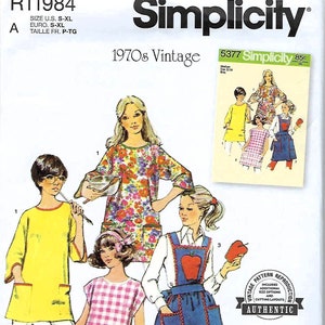 May include: Simplicity sewing pattern R11984, featuring vintage 1970s designs. The pattern includes options for aprons and tops. The image shows illustrations of the finished garments, with size options from S to XL.