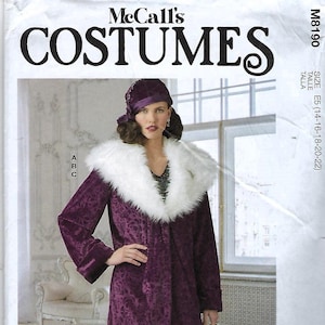 May include: A McCall's M8190 sewing pattern envelope for costumes, size E5 (14-16-18-20-22). The cover features a purple velvet coat with a white faux fur collar and a matching purple cloche hat. The text includes McCall's COSTUMES and M8190.