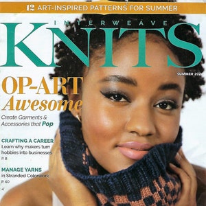 May include: A magazine cover featuring a woman wearing a blue and tan checkered cowl. The magazine title is "Interweave Knits" with the text "OP-ART Awesome". The cover also includes text about crafting and yarn projects.
