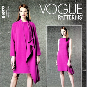 May include: Vogue Patterns sewing pattern R10977 featuring a magenta dress and coat. The dress is sleeveless with a unique asymmetrical hem. The coat has a draped front. The pattern includes sizes B5 (8-10-12-14-16).
