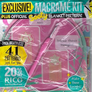 May include: A pink macramé kit with a crochet hook, featuring the text "EXCLUSIVE! MACRAME KIT" and "41 PATTERNS." The kit includes a blanket pattern and offers a 20% discount from Wool Warehouse. The kit also includes 12 amazing blankets.