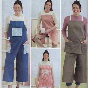 May include: Simplicity sewing pattern R12148 featuring four apron and jumpsuit variations. Designs include a blue denim jumpsuit with floral pockets, a solid pink apron, a patterned pink apron with a floral skirt, and a brown apron with wide-leg pants.