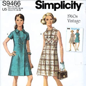 May include: Simplicity sewing pattern S9466, featuring two 1960s vintage dress designs. One dress is teal with short sleeves and double-breasted buttons. The other is a sleeveless plaid dress. The pattern includes sizes U.S. 16-24.
