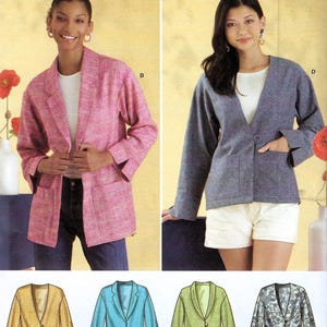 May include: Simplicity sewing pattern S9468 for jackets in sizes 6-14. The pattern features illustrations of four jacket variations labeled A, B, C, and D, including options with lapels, single buttons, and patch pockets in various colors and patterns.