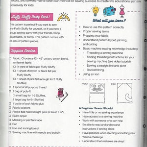 May include: An educational sewing pattern document titled Fluffy Stuffy by The Handwork Studio. The white paper contains black text, bullet points, and illustrations detailing supplies needed, learning objectives, and instructions for a beginner sewing project.