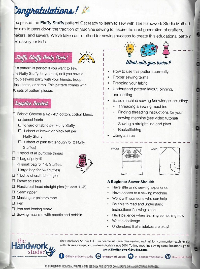 May include: An educational sewing pattern document titled Fluffy Stuffy by The Handwork Studio. The white paper contains black text, bullet points, and illustrations detailing supplies needed, learning objectives, and instructions for a beginner sewing project.