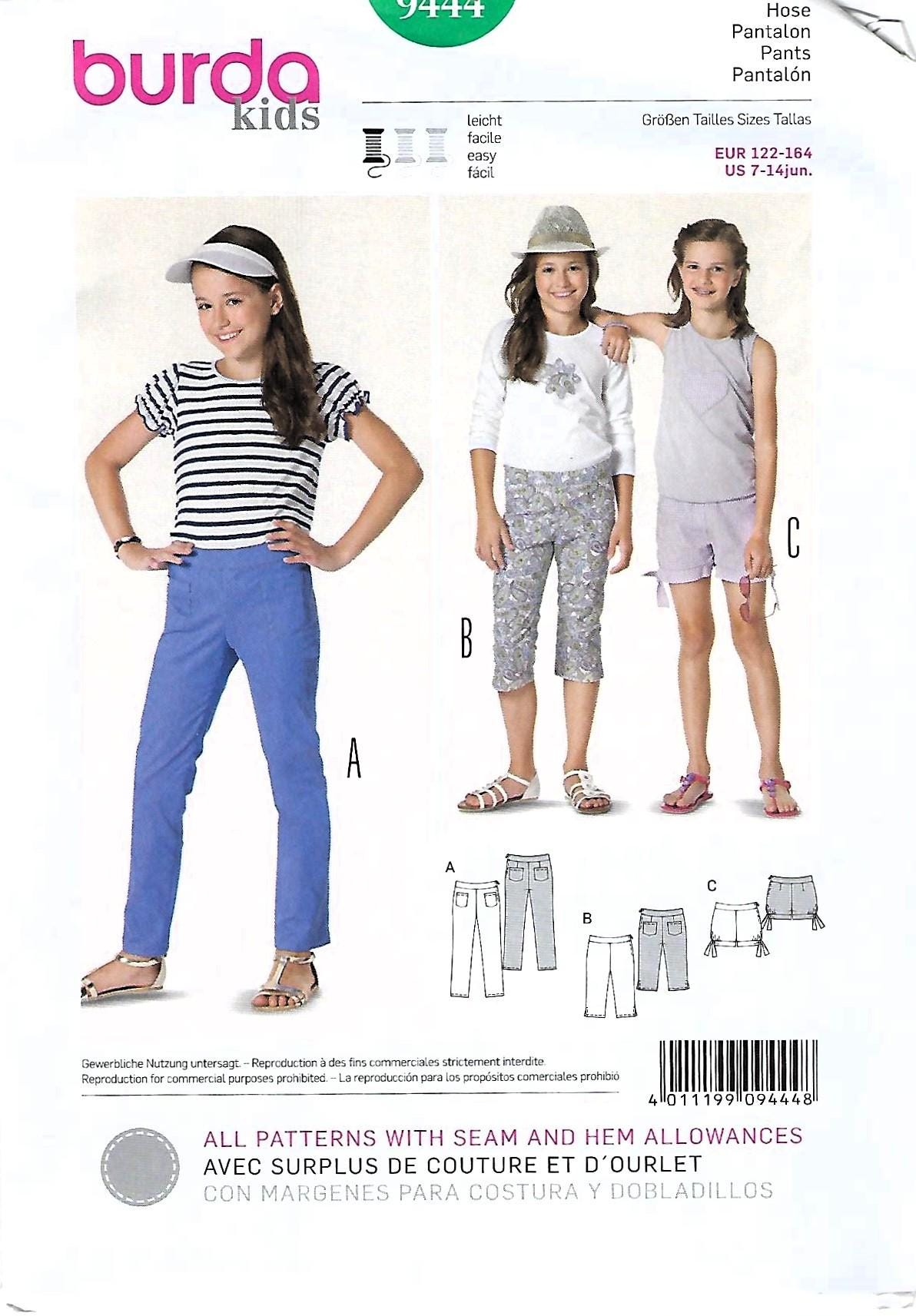 Burda Kids Pattern #9444~Girls Pants in 3 Lengths~Girls Sz7-14 Jr~Uncut F Fold