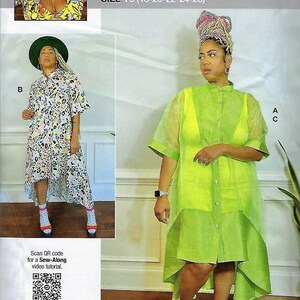 May include: Sewing pattern for a high-low dress with a button-up front and short sleeves. The pattern is called "Know Me" by Mimi G and is for sizes Y5 (18-20-22-24-26). The pattern includes a QR code for a sew-along video tutorial.