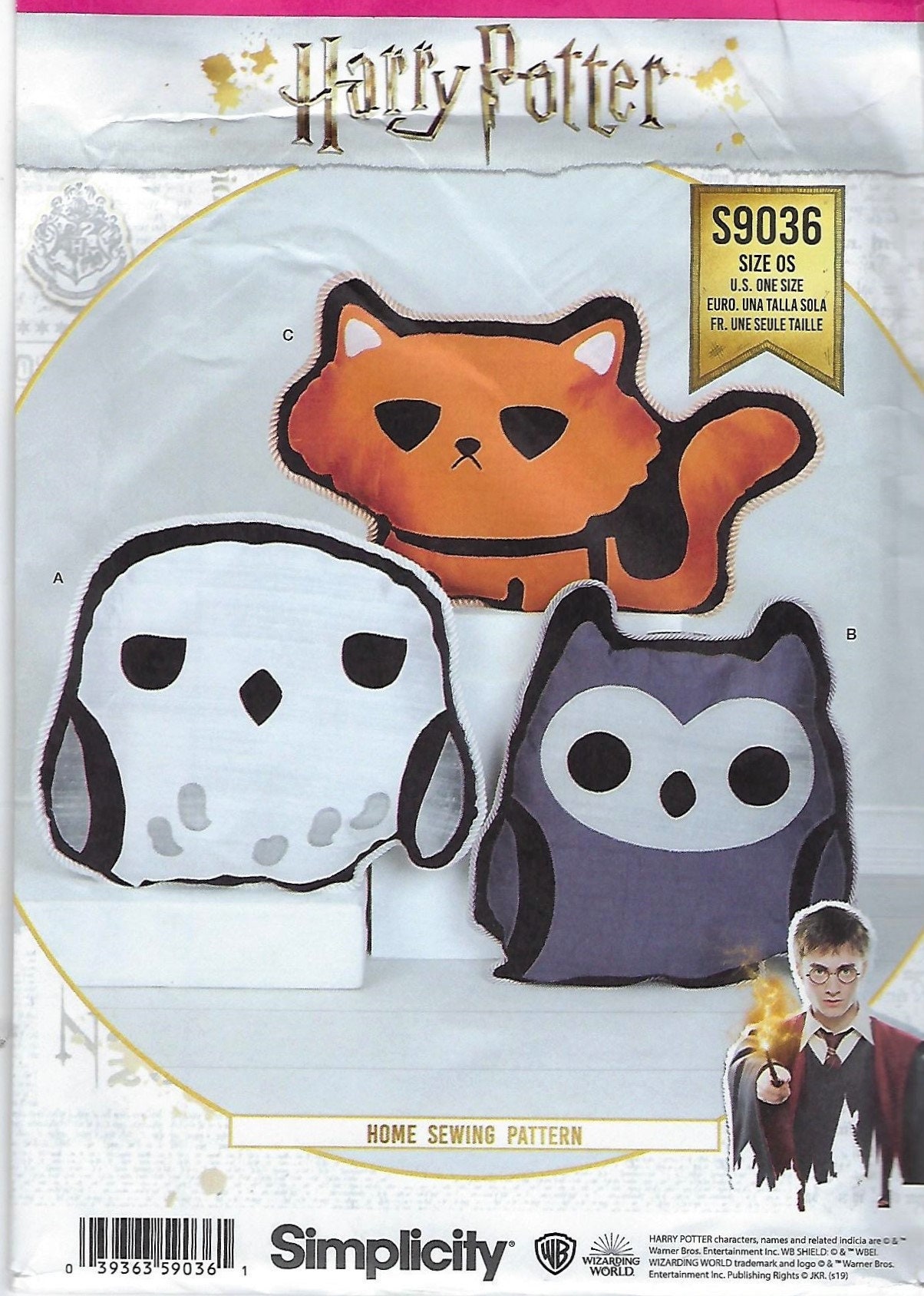 Simplicity HARRY POTTER Pattern #9036~Stuffed Character Pillows~Grey Owl, Snowy Owl and Cat~Uncut F Folds