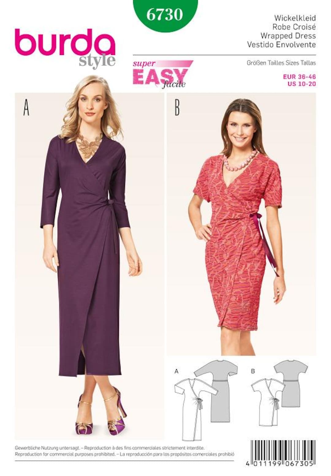 Burda Style Pattern #6730~misses Wrap Dress W Sleeve Options~misses Sz ...