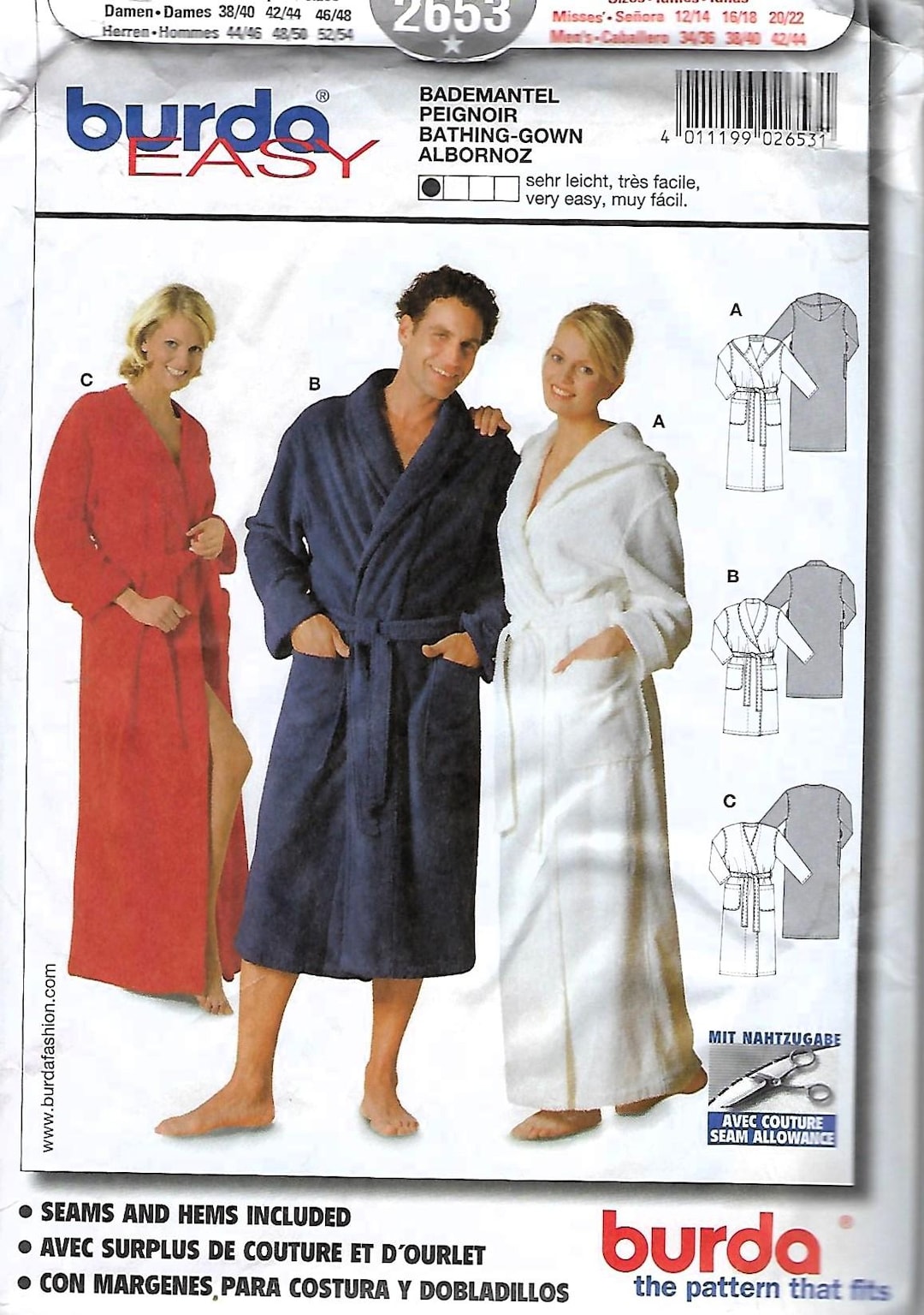 Burda Bathrobe Sewing Pattern #2653~mens & Womens, Uncut (sizes12-22 ...