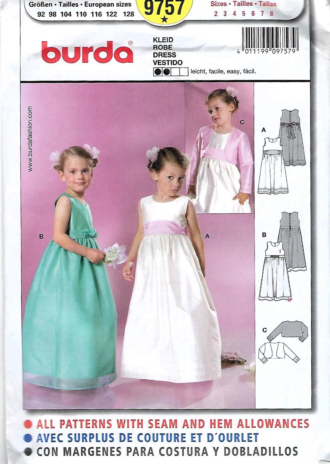 Burda Kids Sewing Pattern #9757: Girls' Formal Gown & Bolero - Sz 2-8 ...