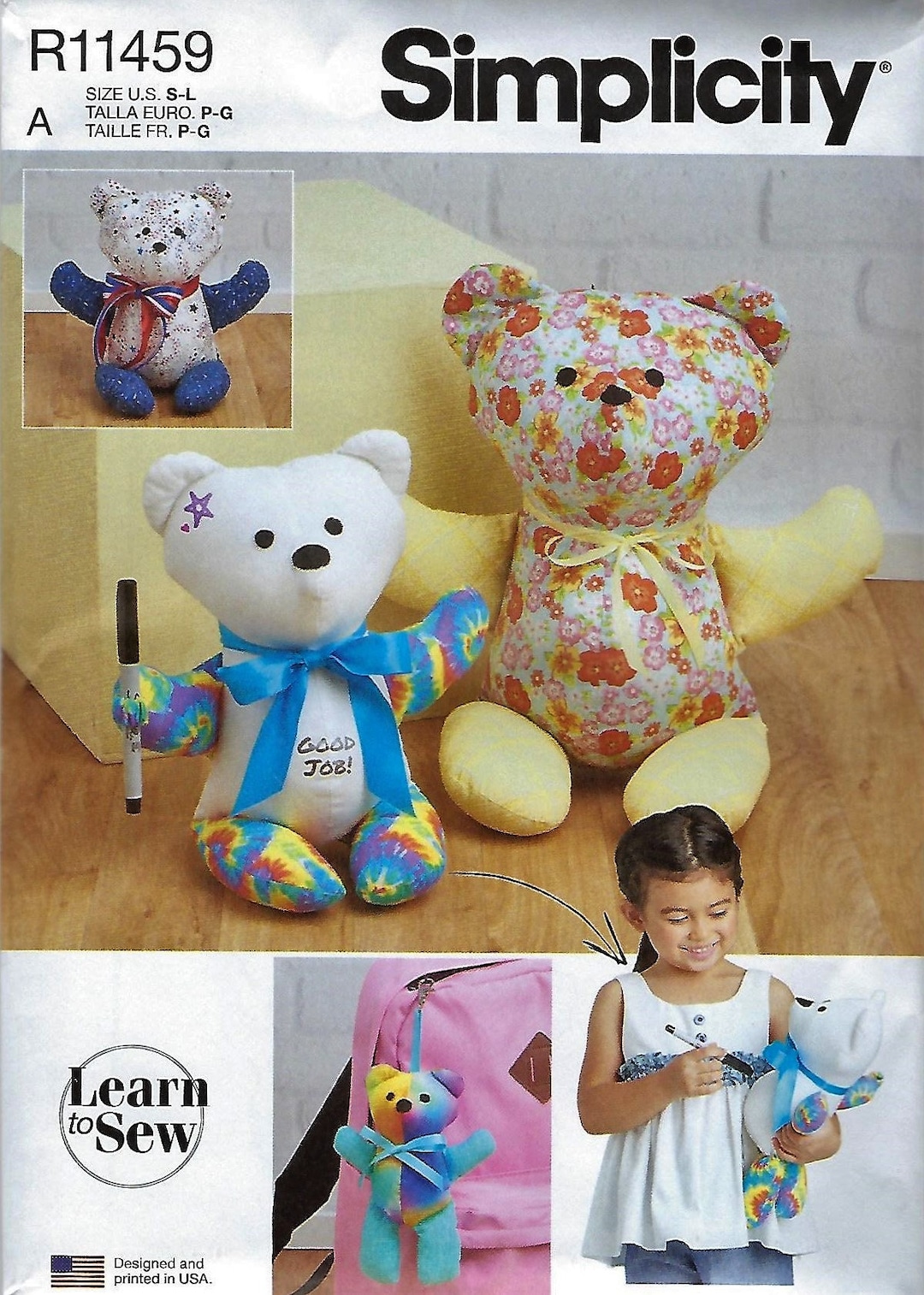 Simplicity Learn to Sew Pattern 9569/r11459plush Memory Bears7.5 to 22
