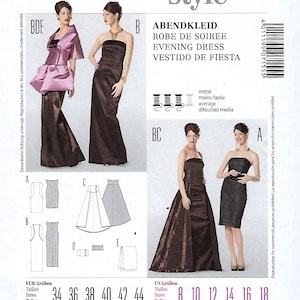 May include: A Burda Style sewing pattern featuring illustrations of evening dresses. The pattern includes various dress styles, from a strapless gown to a cocktail dress, with size charts in both US and European sizes. The cover is predominantly white and pink.