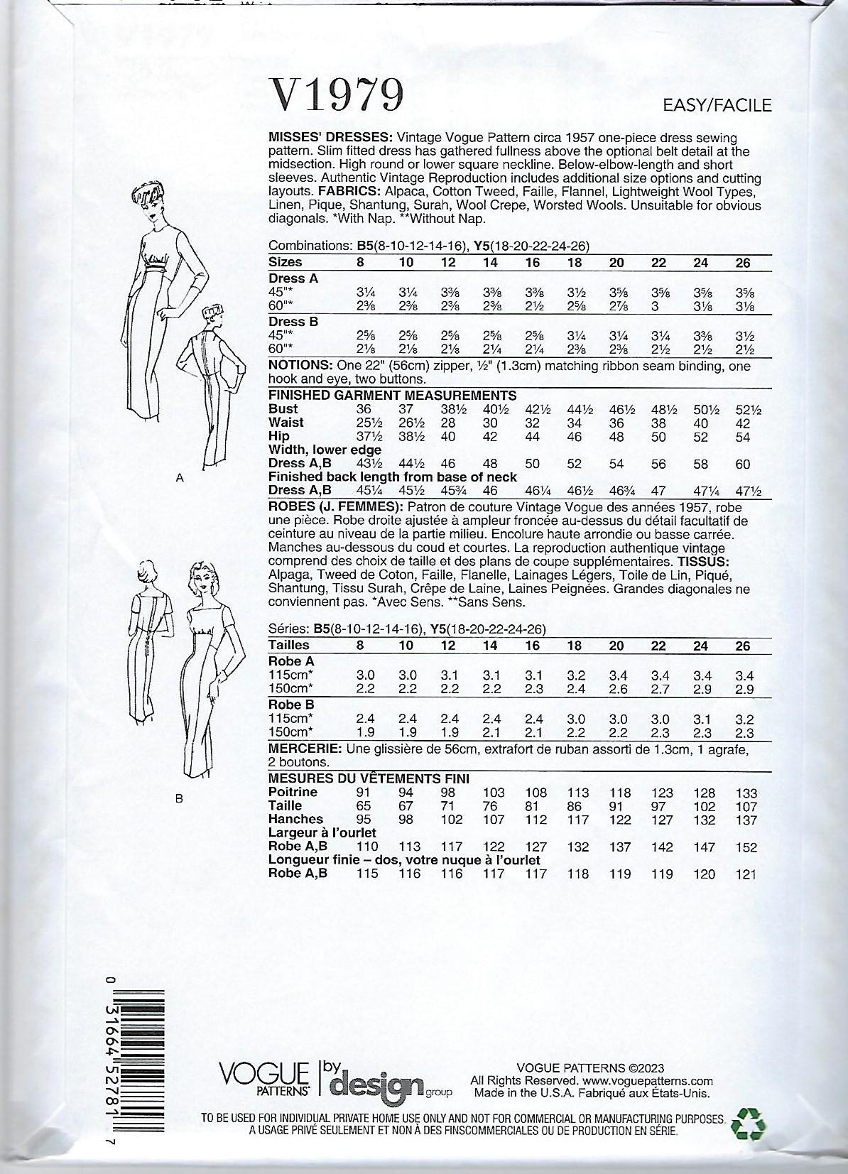 V1979 Pattern Vogue Pattern #V1979~1957 Reissue Dress Sewing Pattern: Mid-century ...
