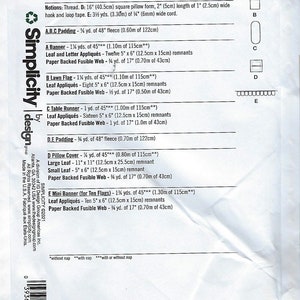 May include: A white Simplicity S9366 sewing pattern envelope for leaf decor. The back displays technical illustrations labeled A through E, fabric requirements in yards and inches, notions, and a barcode. Text includes Simplicity by design.