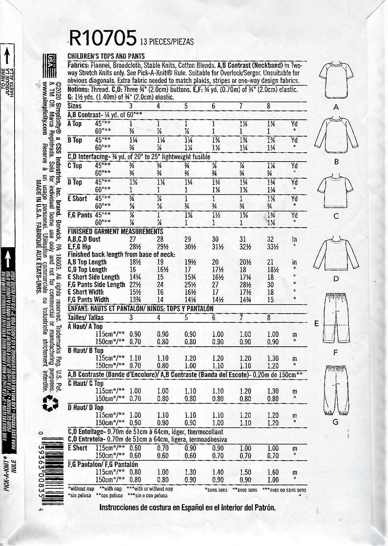 May include: A sewing pattern for children's tops and pants. The pattern includes instructions for making a variety of tops, including short-sleeved, long-sleeved, and tank tops, as well as pants. The pattern is available in sizes 3-8. The pattern includes a chart with measurements for each size.