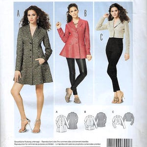 May include: A sewing pattern for a jacket or coat with three different styles. The pattern is for sizes 32-44 EUR or 6-18 US. The pattern includes seam and hem allowances. The pattern is from Burda Young.