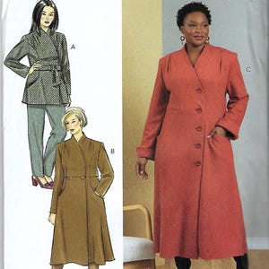 May include: Butterick sewing pattern B6918 for sizes 20W-28W. The envelope features illustrations of a belted jacket with pants and a coat, plus a photograph of a long, button-front coat in a solid rust-orange color with long sleeves and pockets.