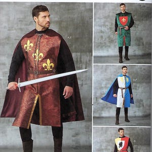 May include: Simplicity Costumes pattern R11860. The image shows a man in a burgundy and gold medieval costume with a cape and sword. Other costume options include green, blue, and red tunics. The pattern is one size.