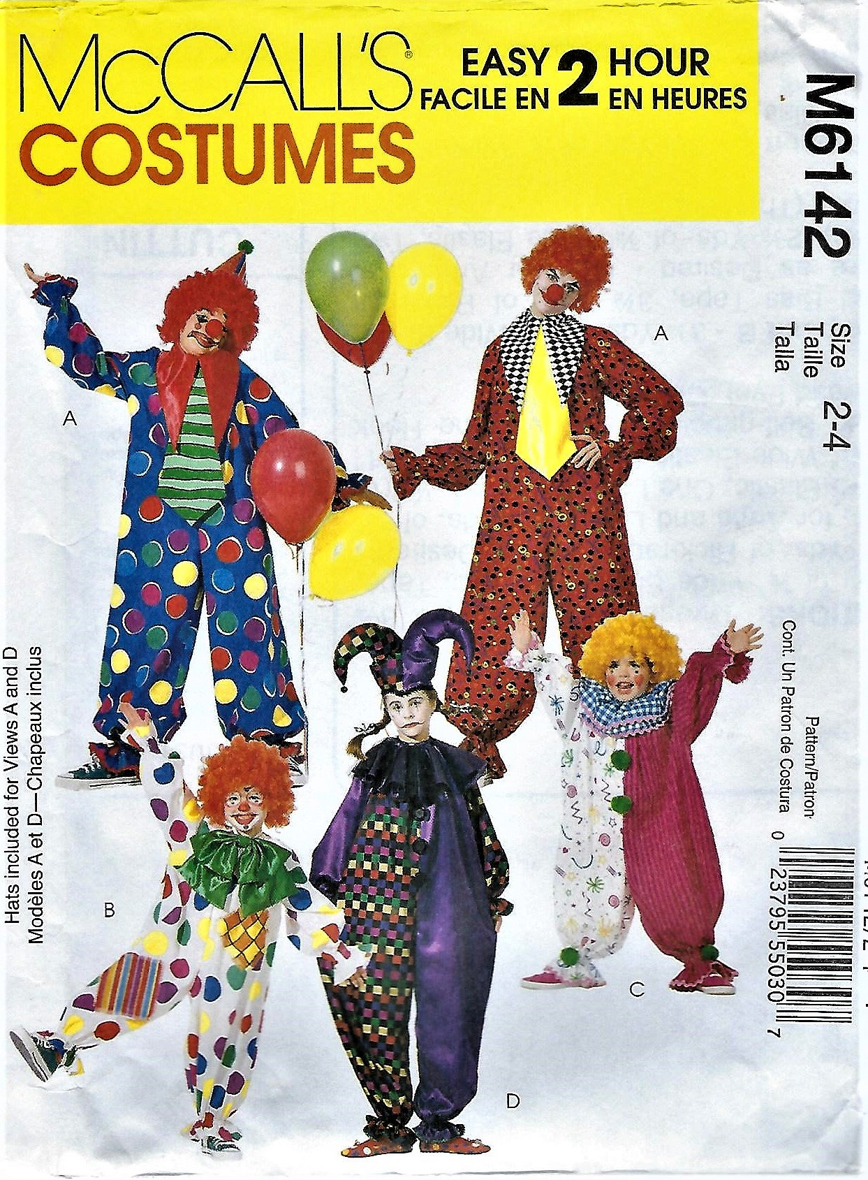 McCalls Costume Pattern #M6142~Adult & Teen Clown Costumes~  Adult Sz  Ex Sm or Sm  ~New