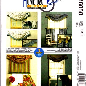 May include: McCall's M6050 sewing pattern for home decor window treatments. The envelope displays four variations: a floral swag, a paisley swag with cafe curtains, a colorful patterned swag with a roll-up shade, and a solid swag with a panel.