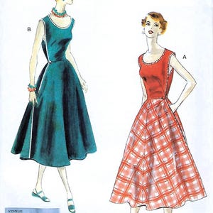 May include: Vogue Patterns sewing pattern featuring two vintage dresses. One dress is teal with a white trim, and the other is red with a plaid skirt. The pattern is a reissue from 1953. The size range is B5 (8-10-12-14-16).