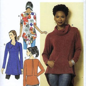 May include: Sewing pattern for four different tops. The pattern includes a floral print top with a high-low hem, a cowl neck top, a top with a back detail, and a top with a collar.
