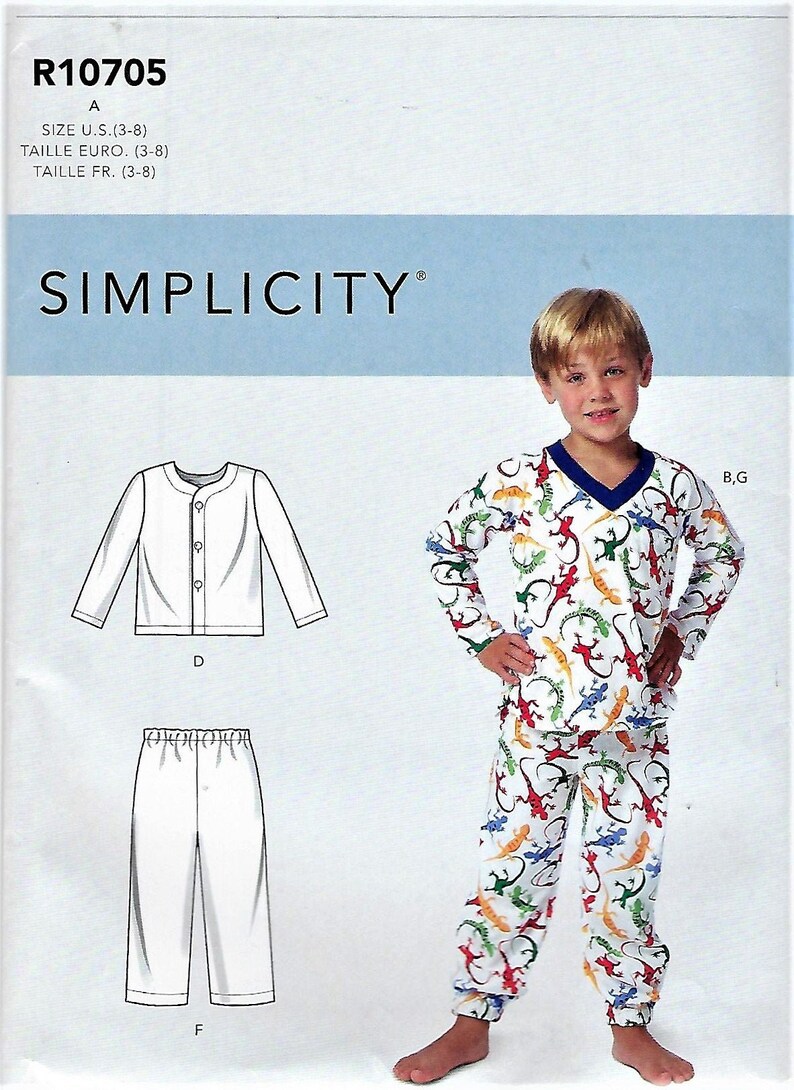 May include: A sewing pattern for a child's pajamas with a white top and pants. The top has a button-up front and long sleeves. The pants have an elastic waistband. The pattern includes a design for a white top with a button-up front and long sleeves, and a pair of white pants with an elastic waistband. The pattern is for sizes 3-8.