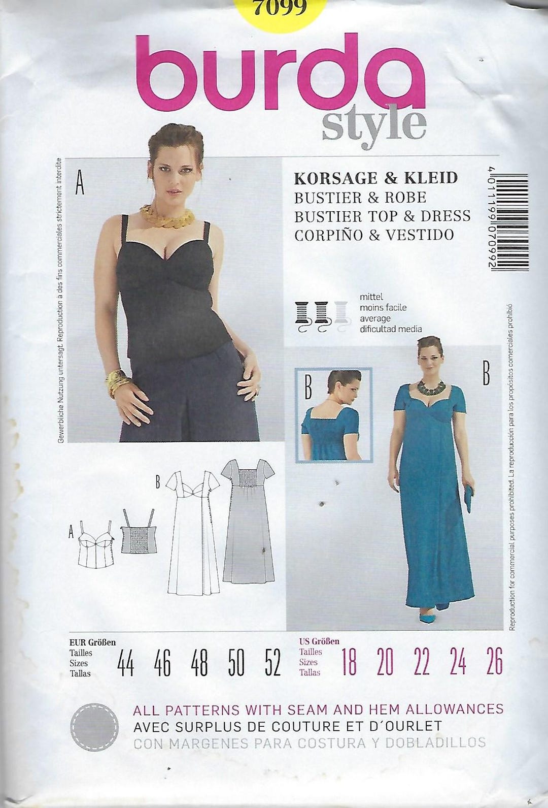 Burda Style Pattern #7099~misses Formal Dress and Top~misses Sz 18-26 ...