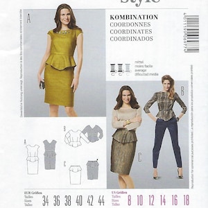 May include: A Burda Style sewing pattern featuring a woman in a mustard-colored peplum top and pencil skirt. The pattern includes size charts for EUR and US sizes, with sizes ranging from 8 to 18. The pattern also includes illustrations of the garment.