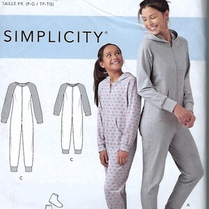May include: Simplicity pattern S8520 for a hooded jumpsuit. The image shows a woman and a child wearing jumpsuits, along with illustrations of the garment. The pattern includes sizes S-XL.