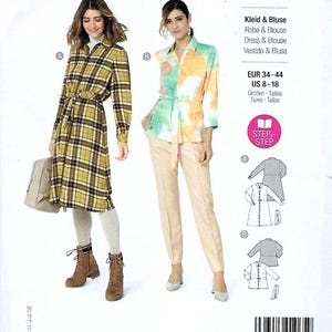 May include: A sewing pattern for a dress and blouse with a tie waist. The pattern is for sizes 34-44 EUR and 8-18 US. The pattern includes seam and hem allowances. The image shows two models wearing the dress and blouse. The dress is a plaid pattern in yellow, brown, and black. The blouse is a tie-dye pattern in blue, green, and orange. The pattern is from Burda Style.
