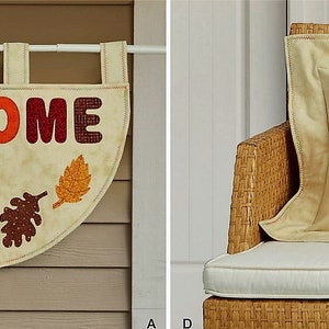 May include: A semi-circular wall hanging featuring the word WELCOME in multicolored fabric letters and various autumn leaf appliques, alongside a square throw pillow decorated with a large red and yellow maple leaf applique on a beige fabric.