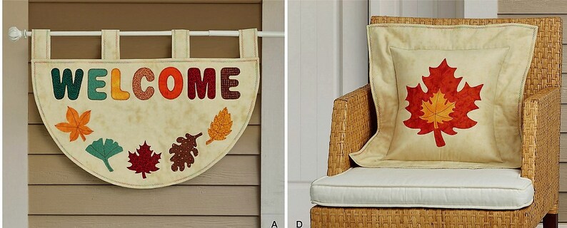 May include: A semi-circular wall hanging featuring the word WELCOME in multicolored fabric letters and various autumn leaf appliques, alongside a square throw pillow decorated with a large red and yellow maple leaf applique on a beige fabric.