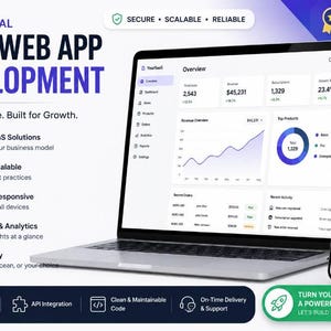 May include: A laptop and smartphone displaying a SaaS web app dashboard with analytics, charts, and data. Text includes Professional SaaS Web App Development, Secure, Scalable, Reliable, Top Rated SaaS Developer, and Turn Your Idea Into A Powerful SaaS Product.