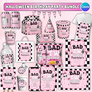 May include: A Halloween birthday party bundle featuring pink and black checkered designs with skull and skeleton hand graphics. Items include a t-shirt, party hat, favor boxes, chip bags, water bottle labels, and invitations with the text Bad Tw The Bone.