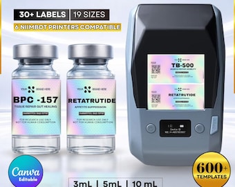 Peptide Labels Templates, Holographic Labels, Editable Niimbot Stickers, Printable 3mL 5mL 10mL Vial Labels Canva, Peptide Branding Kit, Med