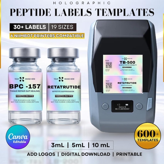 bpc-157 appetite suppression Peptide Labels Templates, Holographic Labels, Editable Niimbot Stickers, Printable 3ml 5ml 10ml Vial Labels Canva, Peptide Branding Kit, Med BPC-157: This powerful peptide Nitric oxide signalling MK-677 - Refined Bio (Type):Capsules