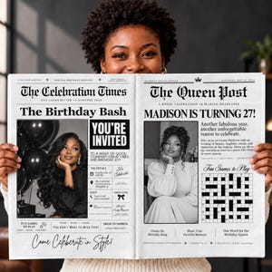 Puede incluir: Una impresión de periódico personalizada titulada The Celebration Times y The Queen Post con fotografías en blanco y negro, detalles de cumpleaños, un crucigrama y el titular Madison is Turning 27 en texto en negrita.