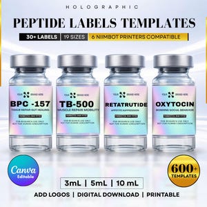 Peptide Labels Templates, Holographic with QR Code, Niimbot Peptide Stickers, Printable Peptide Vial Labels Canva, Peptide Labels Sheets