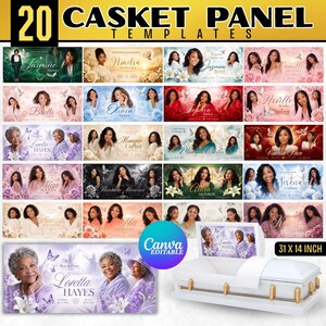 May include: A collection of 20 casket panel templates featuring various floral and memorial designs with customizable text fields. The set includes a white casket example measuring 31 by 14 inches, showcasing a purple-themed memorial graphic.