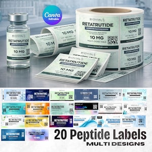 May include: A selection of Retatrutide peptide labels, including a vial and a roll of labels. The labels display "Retatrutide Appetite Suppression 10 MG" and QR codes. The image also shows the text "20 Peptide Labels Multi Designs."