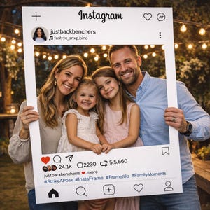 May include: A family of four pose for a photo inside a large white Instagram frame. The frame features the Instagram logo, a profile picture, and text. The family smiles at the camera, with a blurred background of fairy lights.