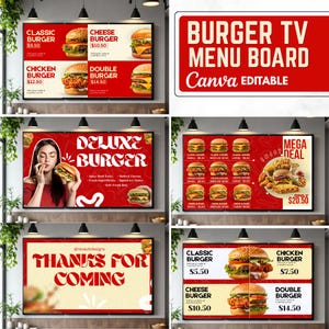 Animated Burger TV Menu Board, Burger Shop Menu TV, Fast Food Restaurant Digital Signage (4K Canva), Food menu